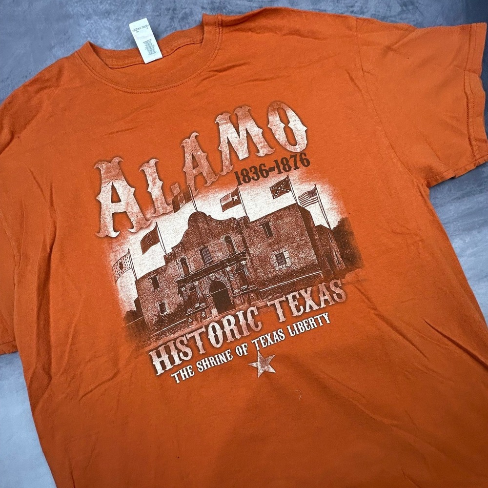 Gildan Alamo Historic Texas Graphic T Shirt‎ Orange Mens XL Boxy Fit Y2K Style - Picture 3 of 6